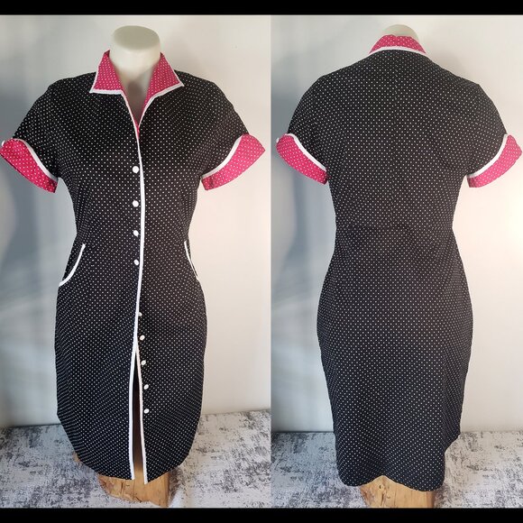 Sourpuss Retro Peggy Sue Rockabilly Dress Pink Black Polka Dot Sailor Sleeve - Picture 1 of 11